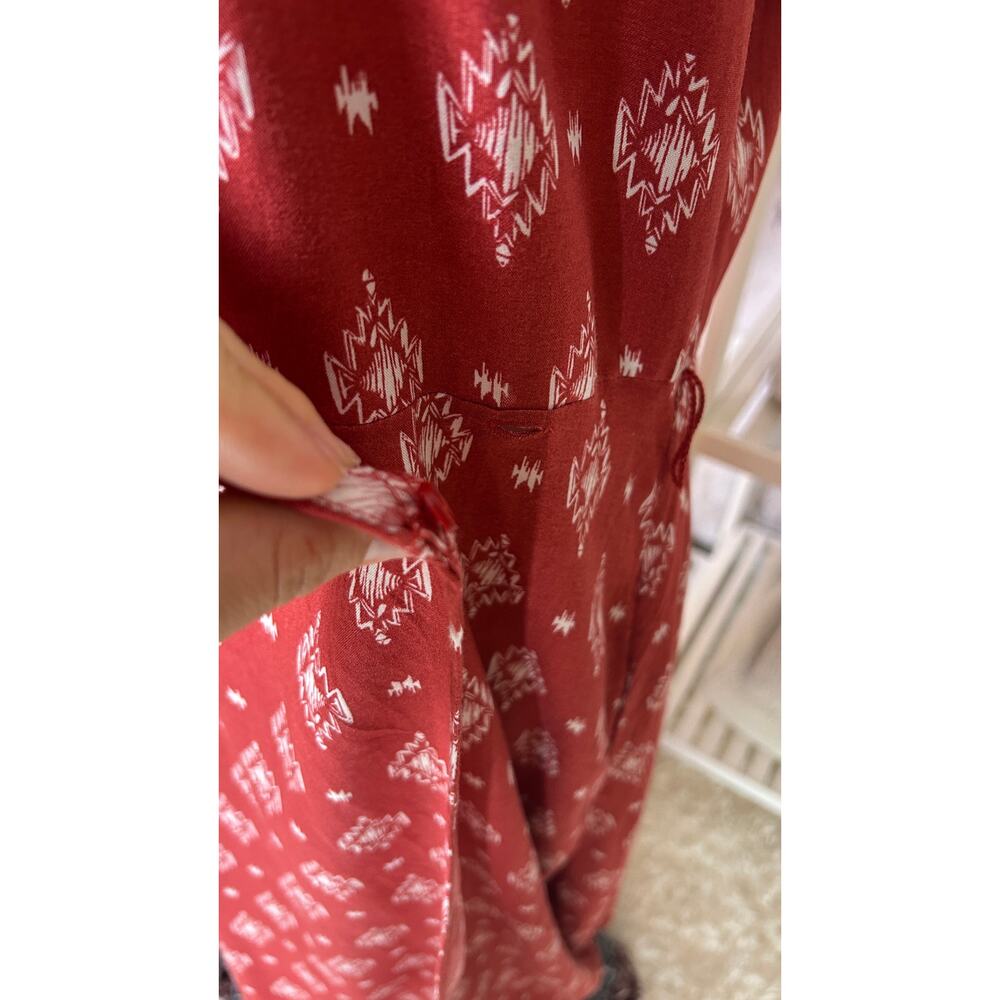 Long Tall Sally Womens Sz 8 Tall  Red Boho Wrap Tie Waist V Neck Maxi Dress 0530 - Picture 9 of 15